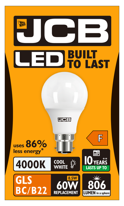 JCB S12505 B22 BC GLS LED Bulb Opal 8.5W 806lm Cool White 4000K (12 Pack) - westbasedirect.com