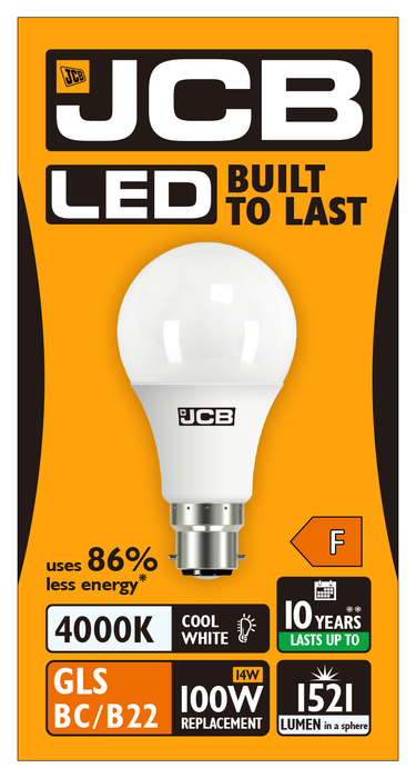 JCB S12507 B22 BC GLS LED Bulb Opal 14W 1521lm Cool White 4000K - westbasedirect.com