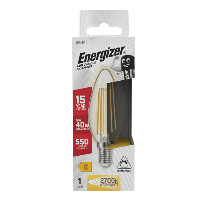 Energizer 4.8W 470lm E14 SES Candle Filament LED Bulb Warm White 2700K Dimmable - westbasedirect.com
