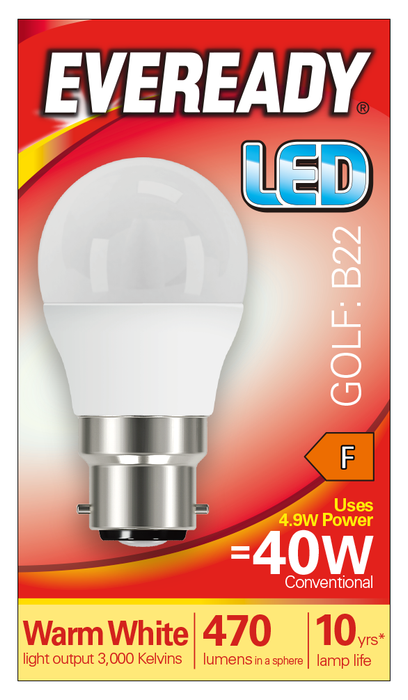 Eveready S13602 B22 BC Golf LED Bulb Opal 4.9W 470lm Warm White 3000K (5 Pack) - westbasedirect.com