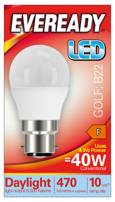 Eveready S13603 B22 BC Golf LED Bulb Opal 4.9W 470lm Daylight 6500K - westbasedirect.com