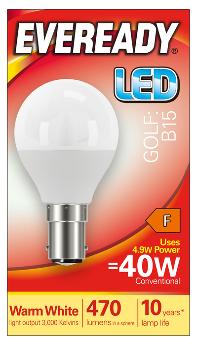 Eveready S13604 B15 SBS Golf LED Bulb Opal 4.9W 470lm Warm White 3000K (5 Pack) - westbasedirect.com