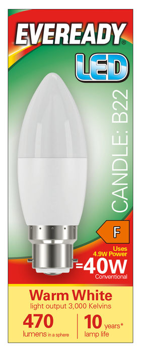 Eveready S13610 B22 BC Candle LED Bulb Opal 4.9W 470lm Warm White 3000K - westbasedirect.com