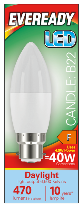 Eveready S13611 B22 BC Candle LED Bulb Opal 4.9W 470lm Daylight 6500K (5 Pack) - westbasedirect.com