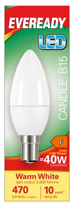 Eveready S13612 B15 SBS Candle LED Bulb Opal 4.9W 470lm Warm White 3000K - westbasedirect.com