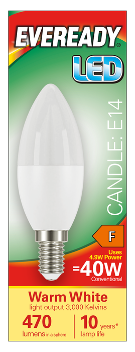 Eveready S13616 E14 SES Candle LED Bulb Opal 4.9W 470lm Warm White 3000K - westbasedirect.com