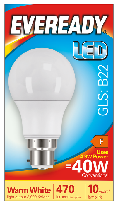Eveready S13618 B22 BC GLS LED Bulb Opal 4.9W 470lm Warm White 3000K (5 Pack) - westbasedirect.com