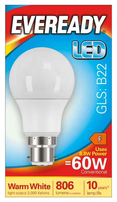 Eveready S13622 B22 BC GLS LED Bulb Opal 8.8W 806lm Warm White 3000K (5 Pack) - westbasedirect.com