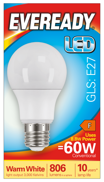 Eveready S13624 E27 ES GLS LED Bulb Opal 8.8W 806lm Warm White 3000K - westbasedirect.com