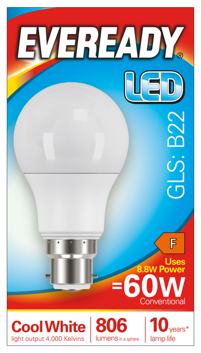 Eveready S14314 B22 BC GLS LED Bulb Opal 8.8W 806lm Cool White 4000K (5 Pack) - westbasedirect.com