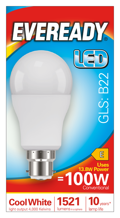Eveready S14316 B22 BC GLS LED Bulb Opal 13.8W 1521lm Cool White 4000K - westbasedirect.com