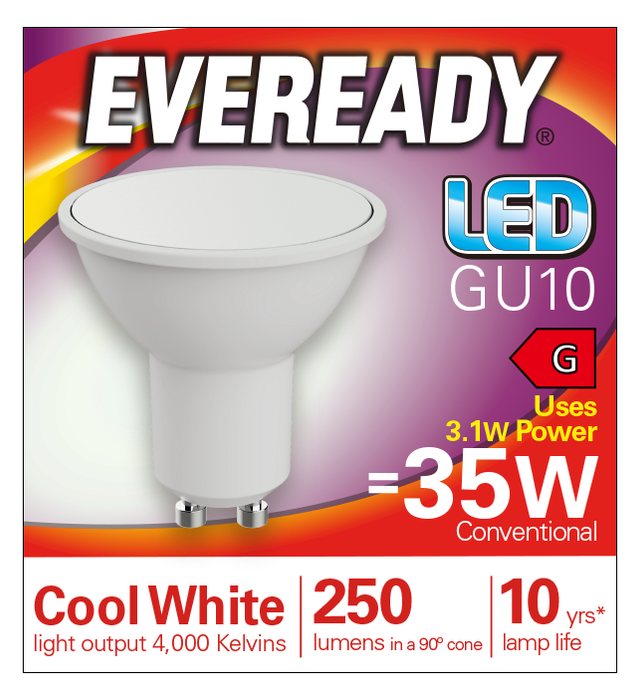 Eveready S14318 GU10 Spotlight LED Bulb Opal 3.1W 230lm Cool White 4000K - westbasedirect.com