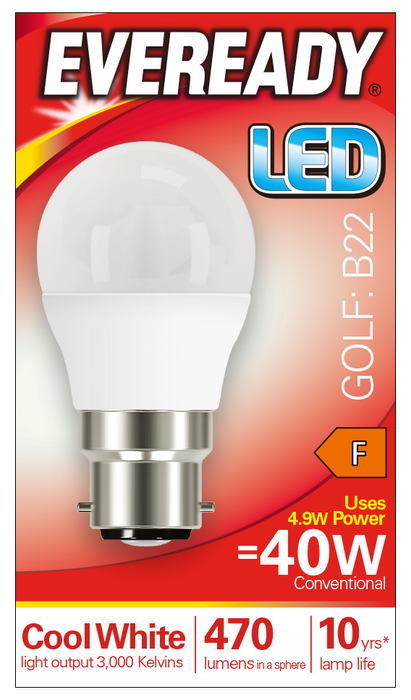 Eveready S14320 B22 BC Golf LED Bulb Opal 4.9W 470lm Cool White 4000K - westbasedirect.com