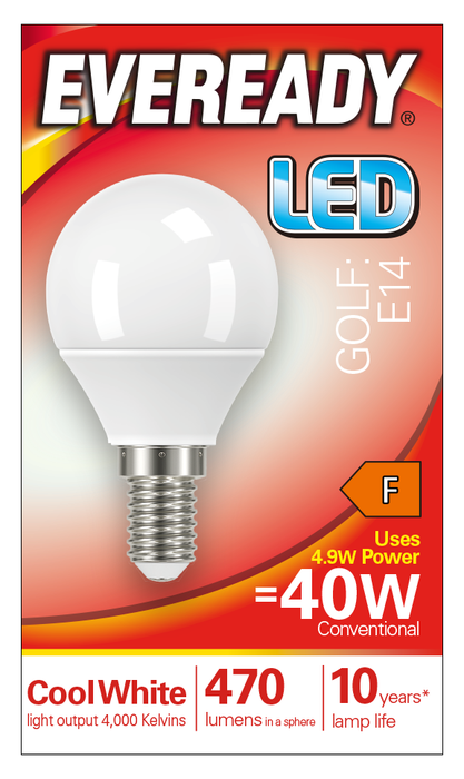 Eveready S14321 E14 SES Golf LED Bulb Opal 4.9W 470lm Cool White 4000K - westbasedirect.com