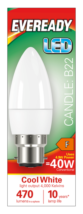 Eveready S14322 B22 BC Candle LED Bulb Opal 4.9W 470lm Cool White 4000K - westbasedirect.com
