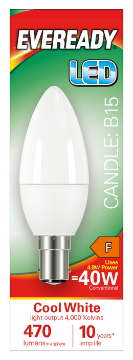 Eveready S14323 B15 SBS Candle LED Bulb Opal 4.9W 470lm Cool White 4000K (5 Pack) - westbasedirect.com