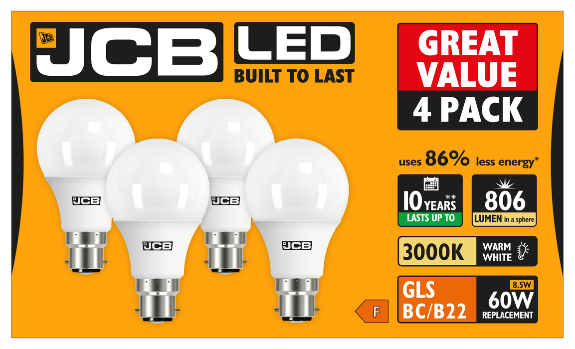 JCB S15143 B22 BC GLS LED Bulb Opal 8.5W 806lm Warm White 3000K (4 Pack) - westbasedirect.com