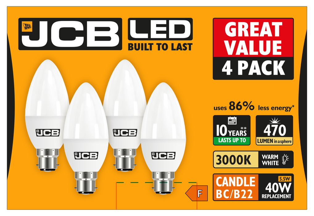 JCB S15145 B22 BC Candle LED Bulb Opal 5.5W 470lm Warm White 3000K (4 Pack) - westbasedirect.com