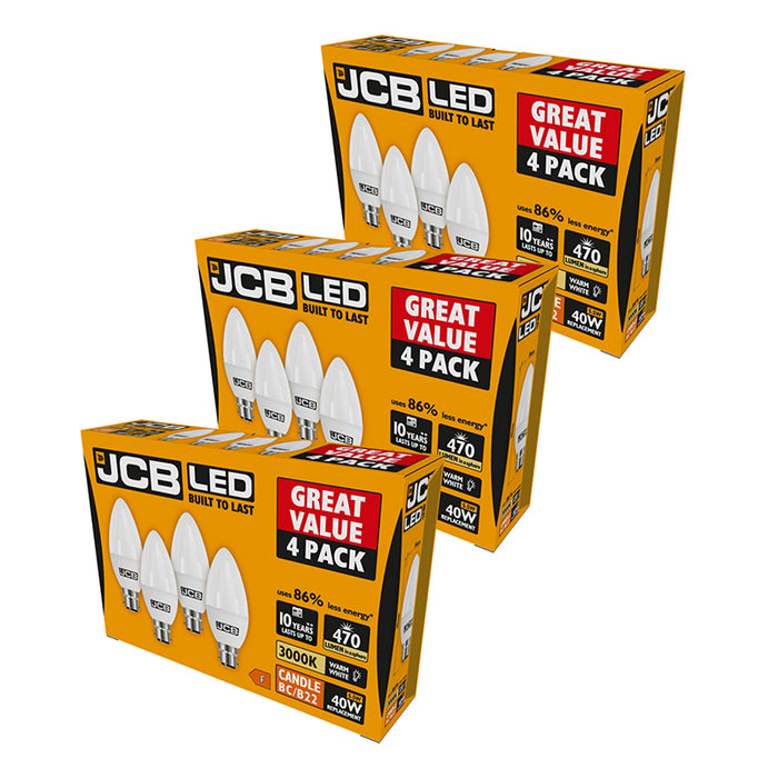 JCB S15145 B22 BC Candle LED Bulb Opal 5.5W 470lm Warm White 3000K (12 Pack) - westbasedirect.com