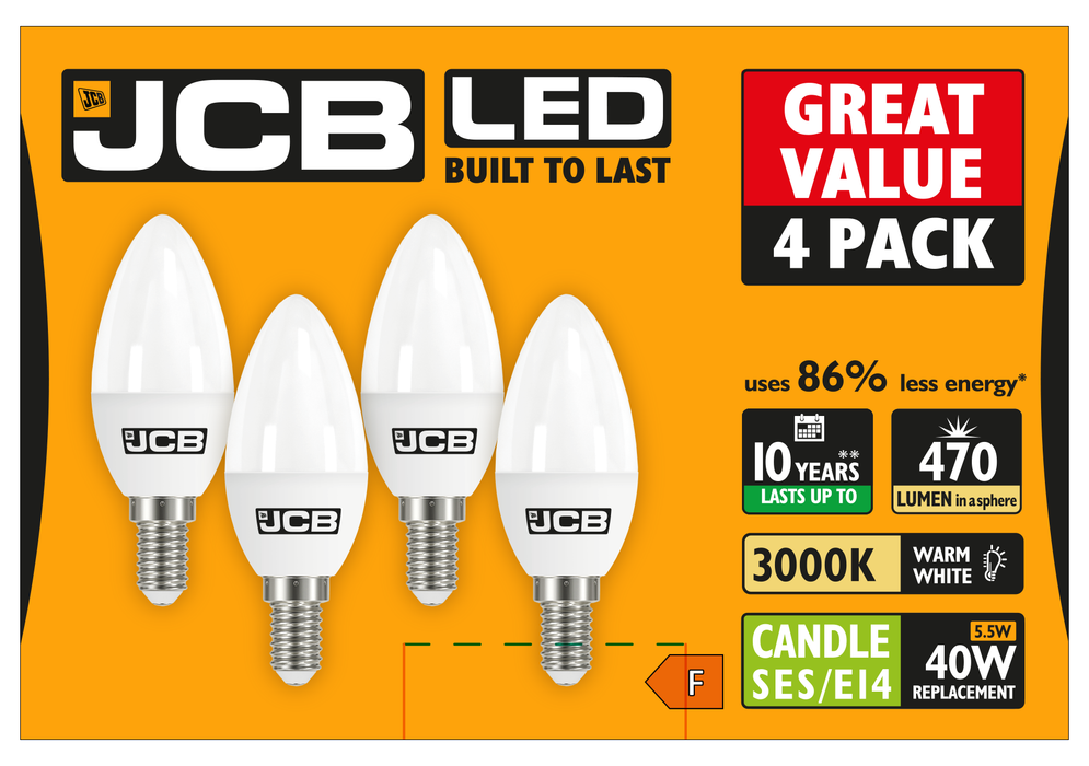 JCB S15146 E14 SES Candle LED Bulb Opal 5.5W 470lm Warm White 3000K (4 Pack) - westbasedirect.com
