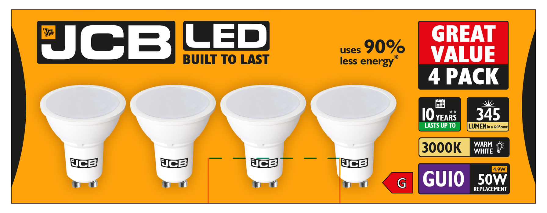 JCB S15147 GU10 Spot LED Bulb 4.9W 345lm Warm White 3000K (4 Pack) - westbasedirect.com
