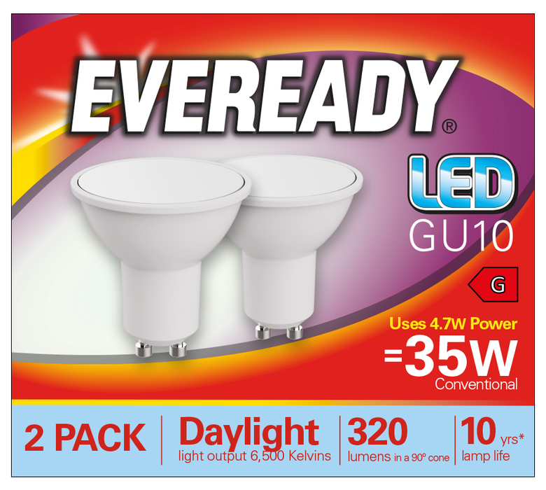 Eveready S15292 GU10 Spotlight LED Bulb Opal 4.7W 345lm Daylight 6500K (2 Pack) - westbasedirect.com