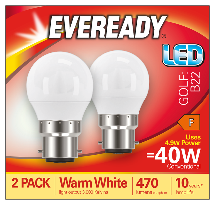 Eveready S15293 B22 BC Golf LED Bulb Opal 4.9W 470lm Warm White 3000K (2 Pack) - westbasedirect.com
