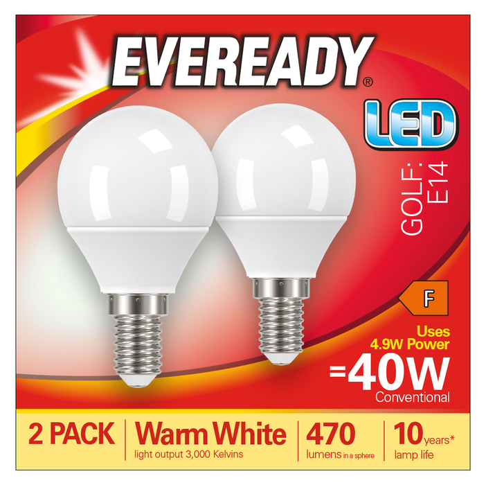 Eveready S15295 E14 SES Golf LED Bulb Opal 4.9W 470lm Warm White 3000K (2 Pack) - westbasedirect.com