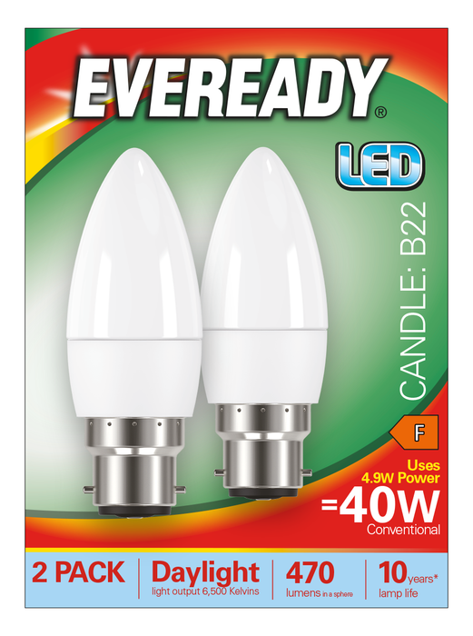 Eveready S15298 B22 BC Candle LED Bulb Opal 4.9W 470lm Daylight 6500K (2 Pack) - westbasedirect.com