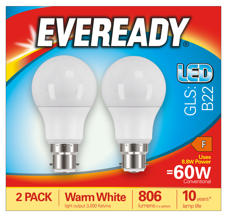 Eveready S15301 B22 BC GLS LED Bulb Opal 8.8W 806lm Warm White 3000K (2 Pack) - westbasedirect.com