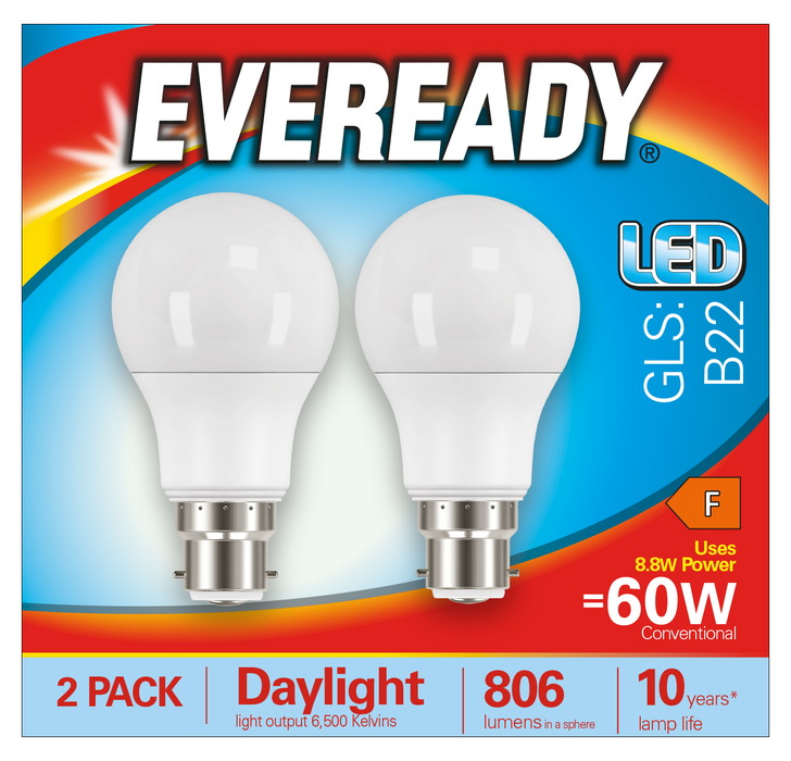 Eveready S15302 B22 BC GLS LED Bulb Opal 8.8W 806lm Daylight 6500K (2 Pack) - westbasedirect.com