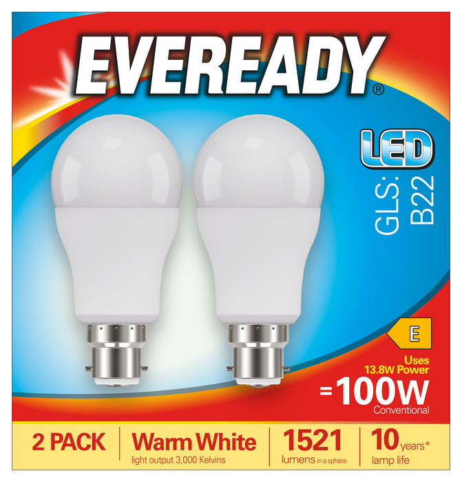 Eveready S15305 B22 BC GLS LED Bulb Opal 13.8W 1521lm Warm White 3000K (2 Pack) - westbasedirect.com