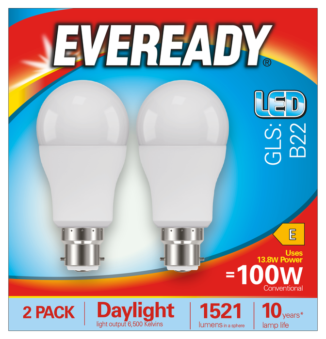 Eveready S15306 B22 BC GLS LED Bulb Opal 13.8W 1521lm Daylight 6500K (2 Pack) - westbasedirect.com