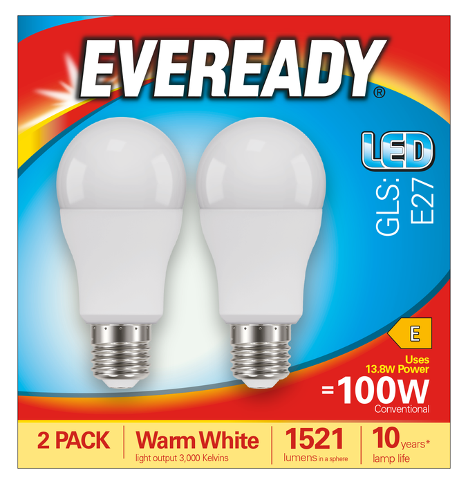Eveready S15307 E27 ES GLS LED Bulb Opal 13.8W 1521lm Warm White 3000K (2 Pack) - westbasedirect.com
