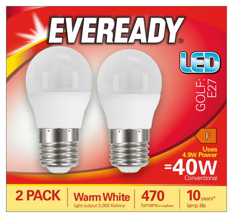 Eveready S15333 E27 ES Golf LED Bulb Opal 4.9W 470lm Warm White 3000K (2 Pack) - westbasedirect.com