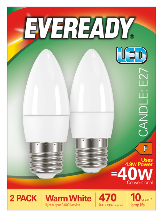 Eveready S15335 E27 ES Candle LED Bulb Opal 4.9W 470lm Warm White 3000K (2 Pack) - westbasedirect.com