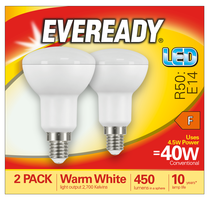 Eveready S15336 E14 SES Reflector R50 LED Bulb Opal 4.9W 470lm Warm White 3000K (2 Pack) - westbasedirect.com