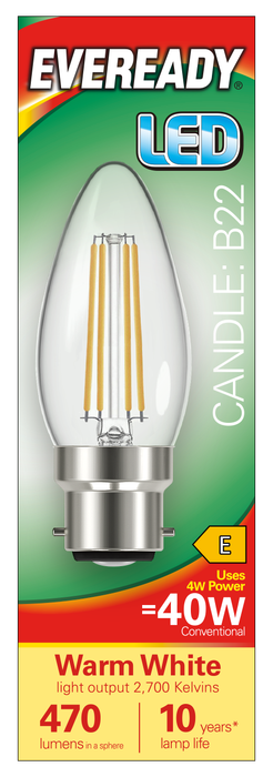 Eveready S15475 B22 BC Candle Filament Clear LED Bulb 4W 470lm Warm White 2700K (5 Pack) - westbasedirect.com