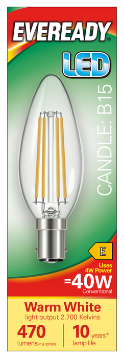 Eveready S15476 B15 SBS Candle Filament Clear LED Bulb 4W 470lm Warm White 2700K (5 Pack) - westbasedirect.com