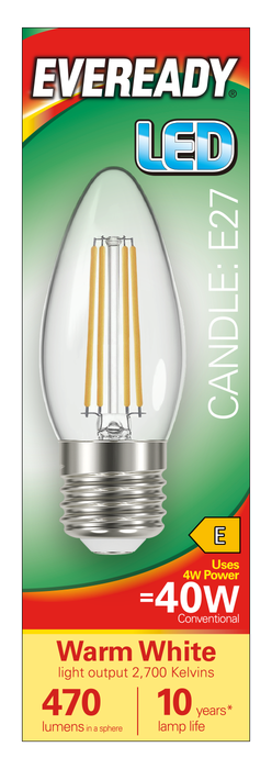 Eveready S15477 E27 ES Candle Filament Clear LED Bulb 4W 470lm Warm White 2700K - westbasedirect.com