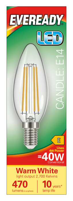 Eveready S15478 E14 SES Candle Filament Clear LED Bulb 4W 470lm Warm White 2700K (5 Pack) - westbasedirect.com
