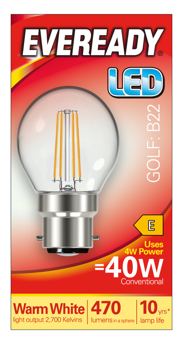 Eveready S15479 B22 BC Golf Filament Clear LED Bulb 4W 470lm Warm White 2700K - westbasedirect.com