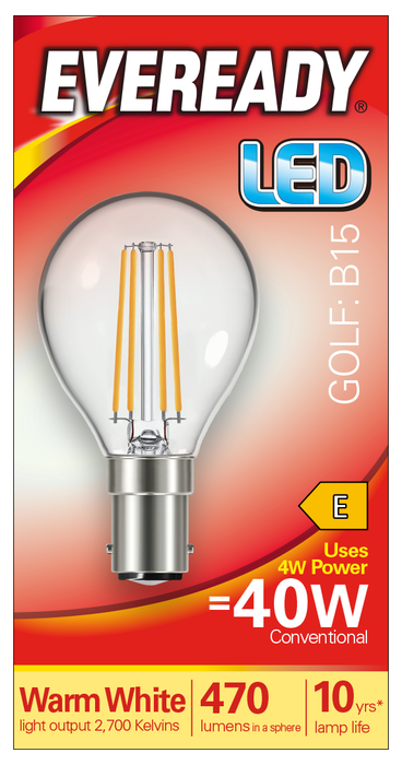 Eveready S15480 B15 SBS Golf Filament Clear LED Bulb 4W 470lm Warm White 2700K (5 Pack) - westbasedirect.com