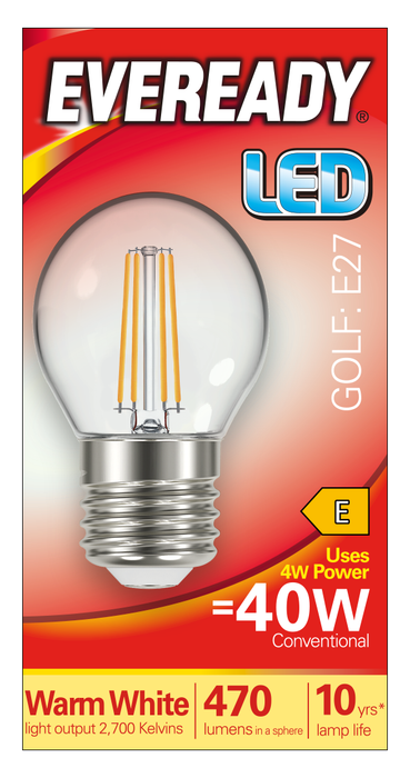 Eveready S15481 E27 ES Golf Filament Clear LED Bulb 4W 470lm Warm White 2700K (5 Pack) - westbasedirect.com