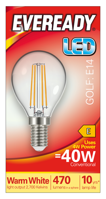 Eveready S15482 E14 SES Golf Filament Clear LED Bulb 4W 470lm Warm White 2700K (5 Pack) - westbasedirect.com