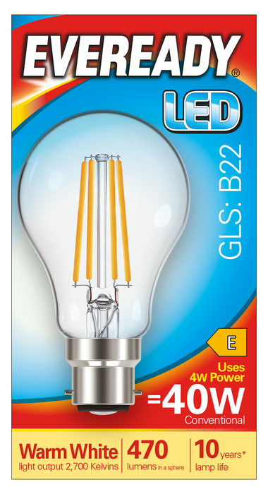 Eveready S15483 B22 BC GLS Filament Clear LED Bulb 4W 470lm Warm White 2700K - westbasedirect.com