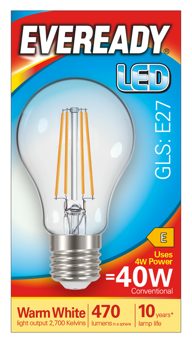 Eveready S15484 E27 ES GLS Filament Clear LED Bulb 4W 470lm Warm White 2700K (5 Pack) - westbasedirect.com