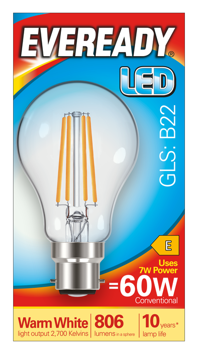 Eveready S15485 B22 BC GLS Filament Clear LED Bulb 7W 806lm Warm White 2700K - westbasedirect.com