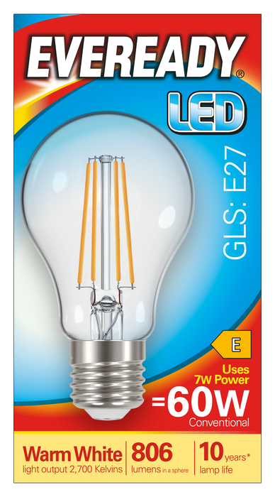 Eveready S15486 E27 ES GLS Filament Clear LED Bulb 7W 806lm Warm White 2700K - westbasedirect.com