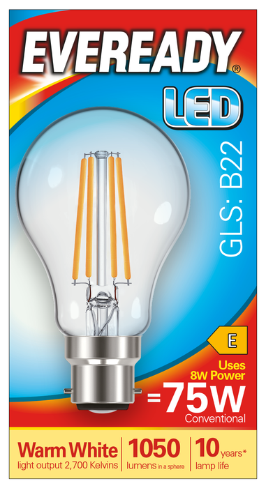 Eveready S15487 B22 BC GLS Filament Clear LED Bulb 8W 1050lm Warm White 2700K (5 Pack) - westbasedirect.com